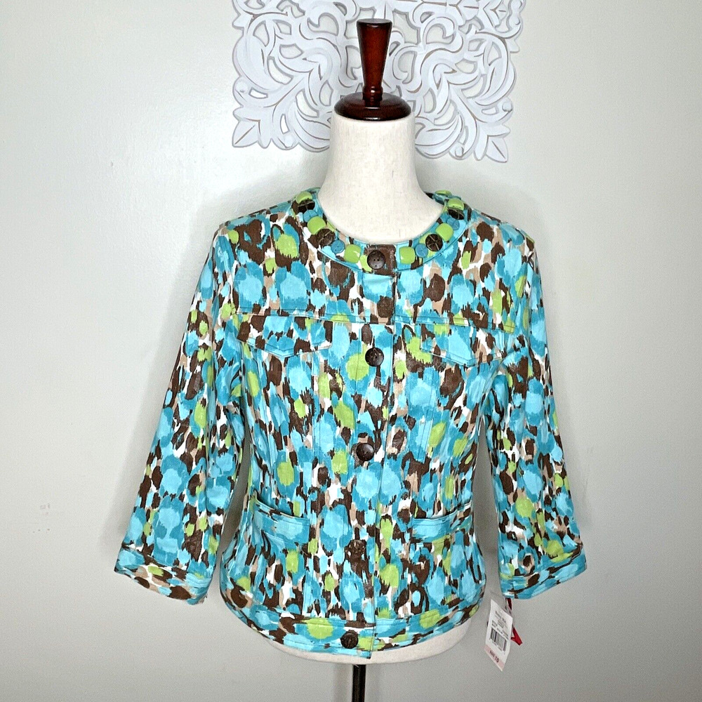 RUBY Rd Size 10 Unlined JACKET Beaded Snap Front Turks & Caicos Print BLUE NWT